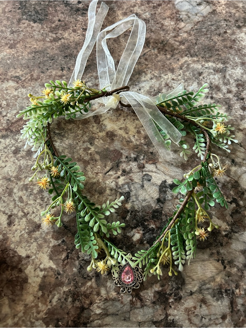 Green Floral Ribbon Headband with Pink Teardrop Charm
